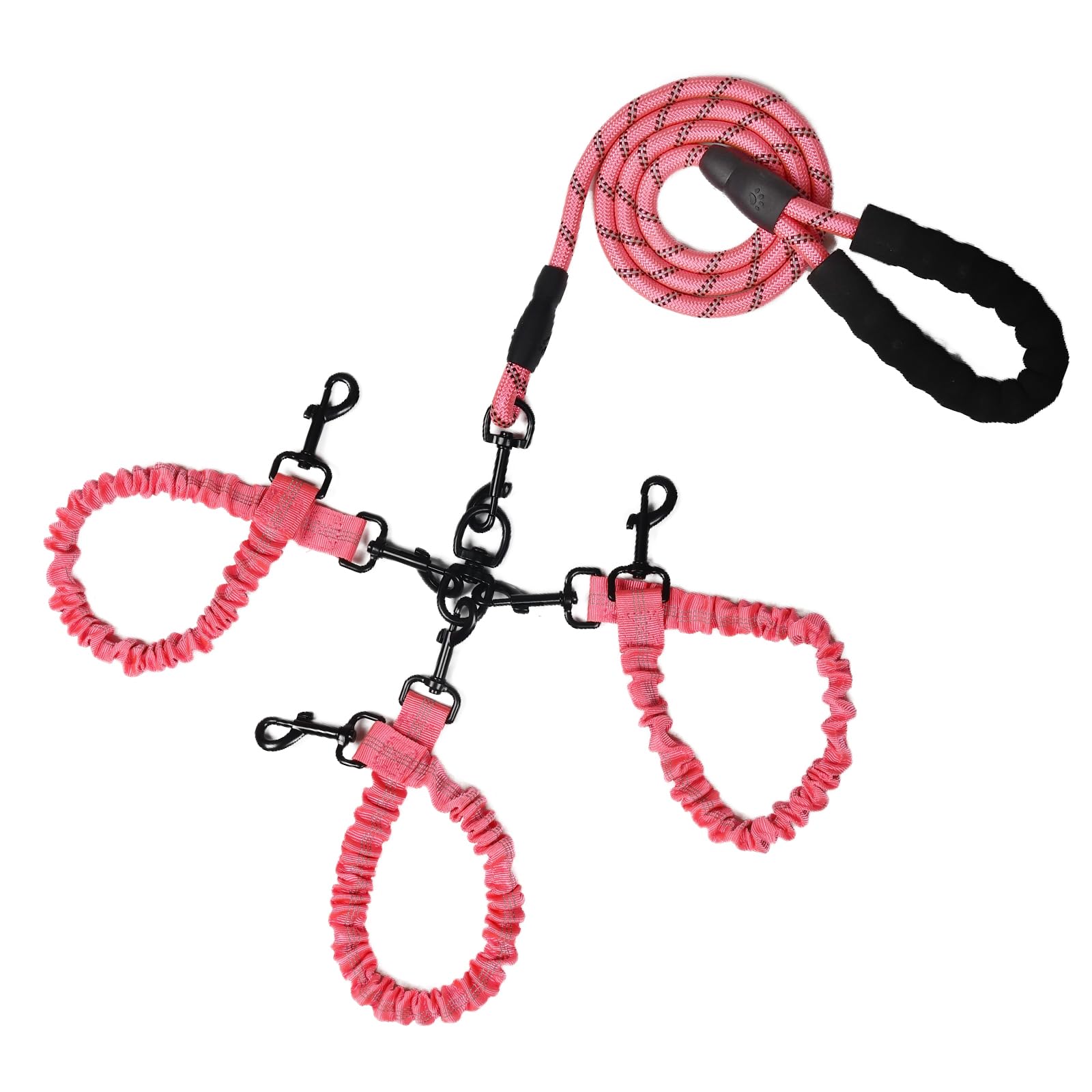 Dog Double Leashes,Rope Bungee Three Leash with Padded Handle Removable for 3 Dogs,Tangle-Free, Padded Handles, 360° Swivel Control (Pink, 3 Way)
