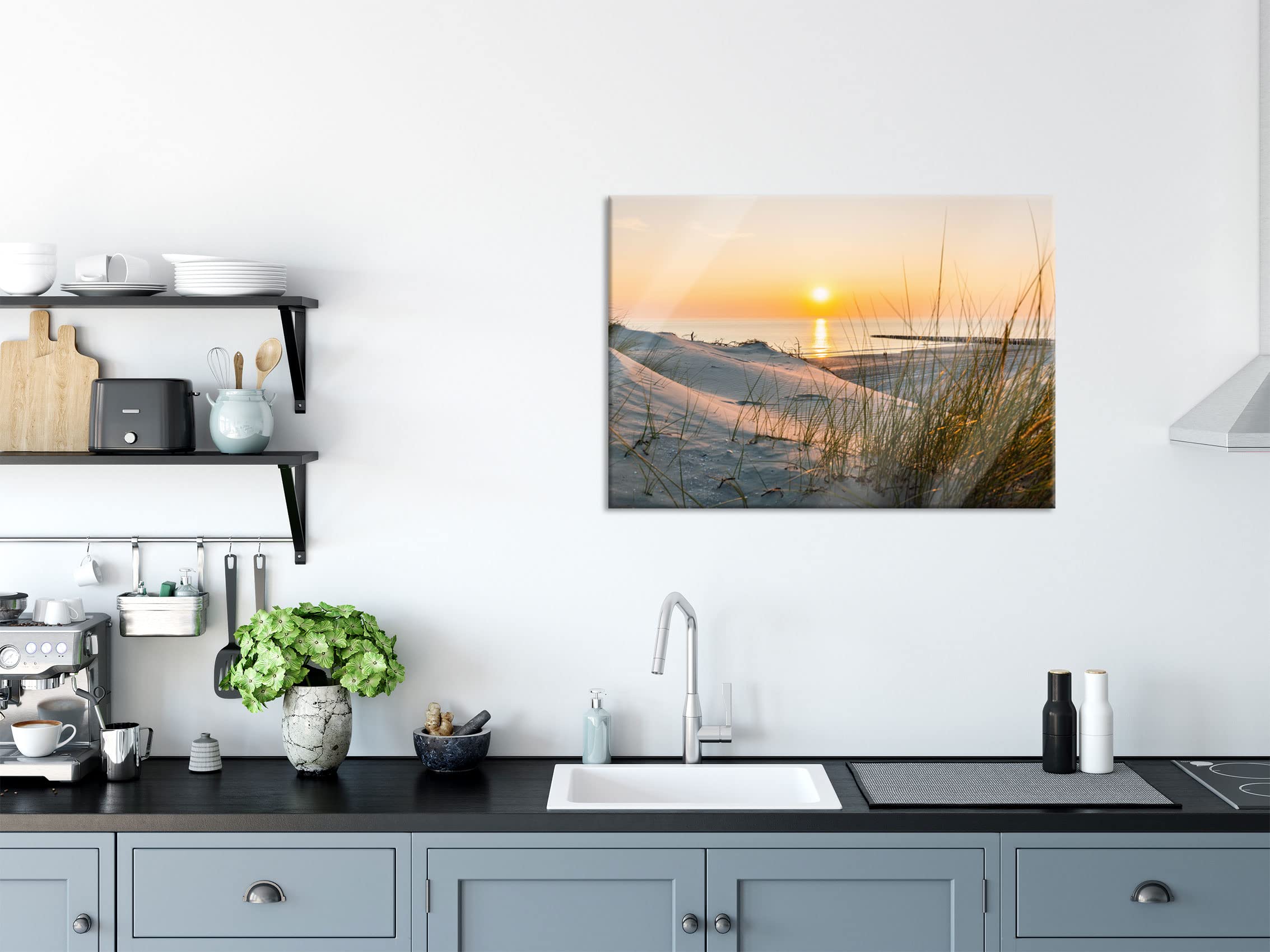 Pixxprint Glasbild, Wandbild aus Echtglas, Dünenblick auf Meer bei Sonnenuntergang, 80x60 cm, inkl. Aufhängung und Abstandshalter