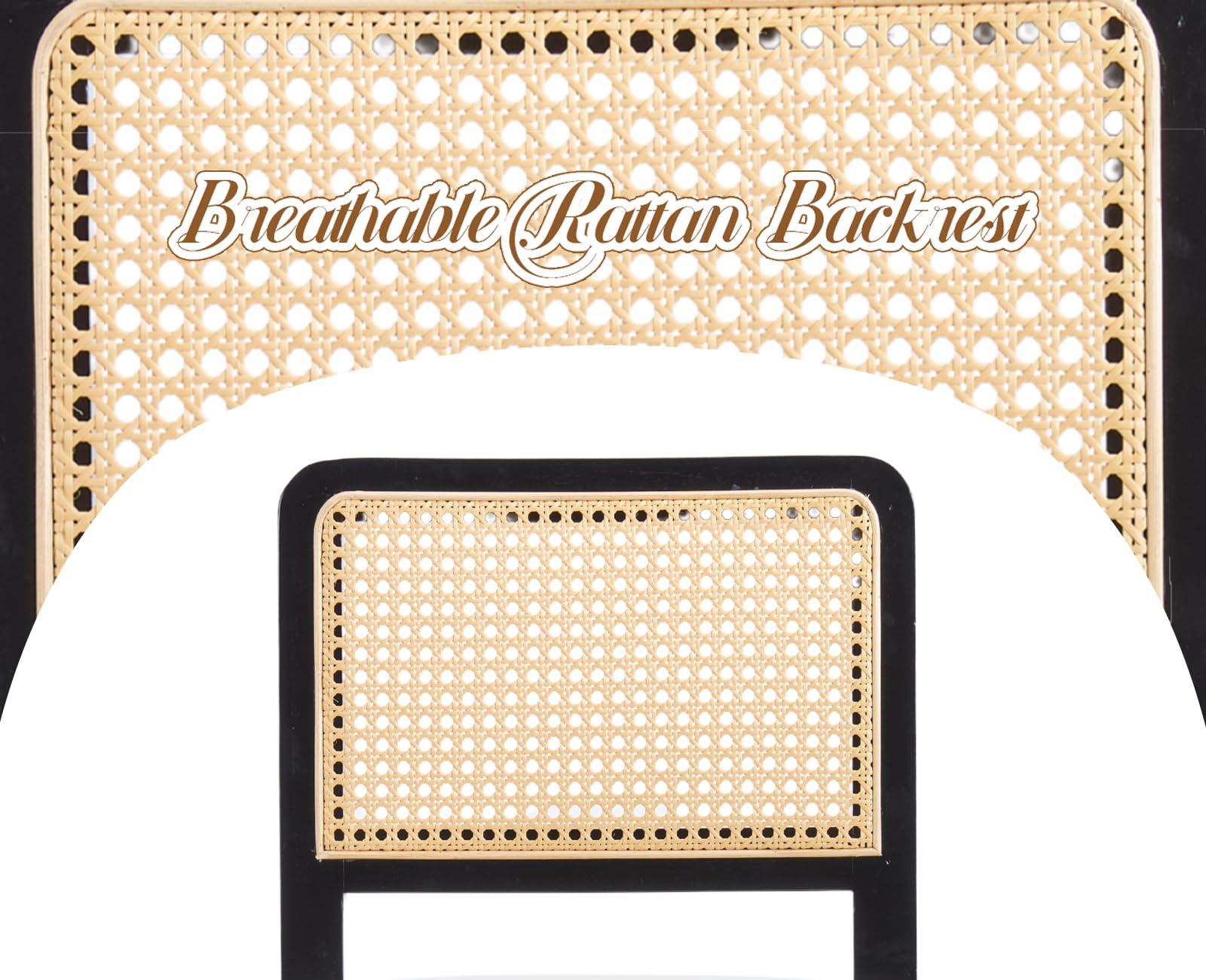 Lot de 2 tabourets de bar rétro avec dossier en tissu et rotin avec pieds en bois pour île/salon, tabourets de comptoir rembourrés noirs