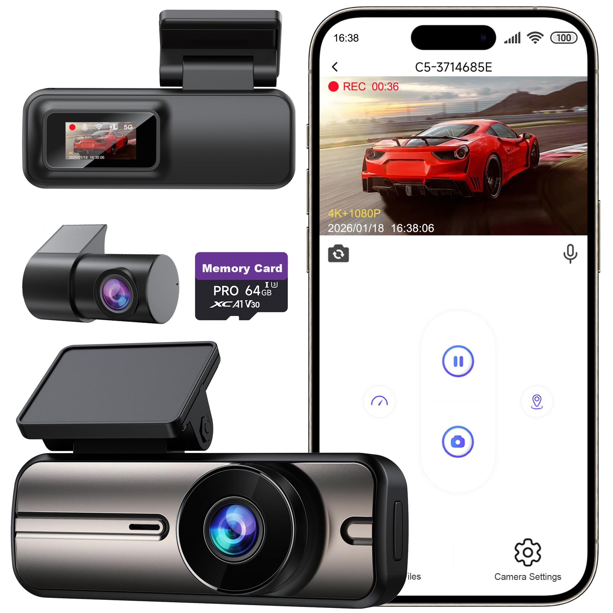 Dash Cam Front and Rear 4K+1080P