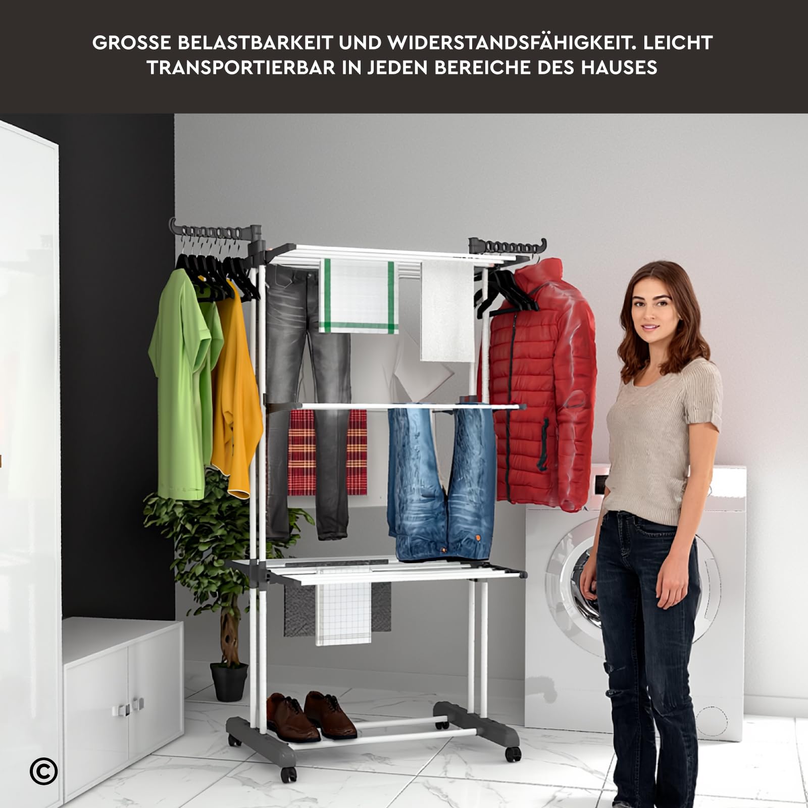 VertiSlim Dry Wäscheständer Klappbar Wäschetrockner Turm Platzsparender mit 4 Ebenen - Turm-Wäscheständer aus Edelstahl - Vertikaler mit Rädern und Seitenflügeln - Farbe Grau für Drinnen Draußen