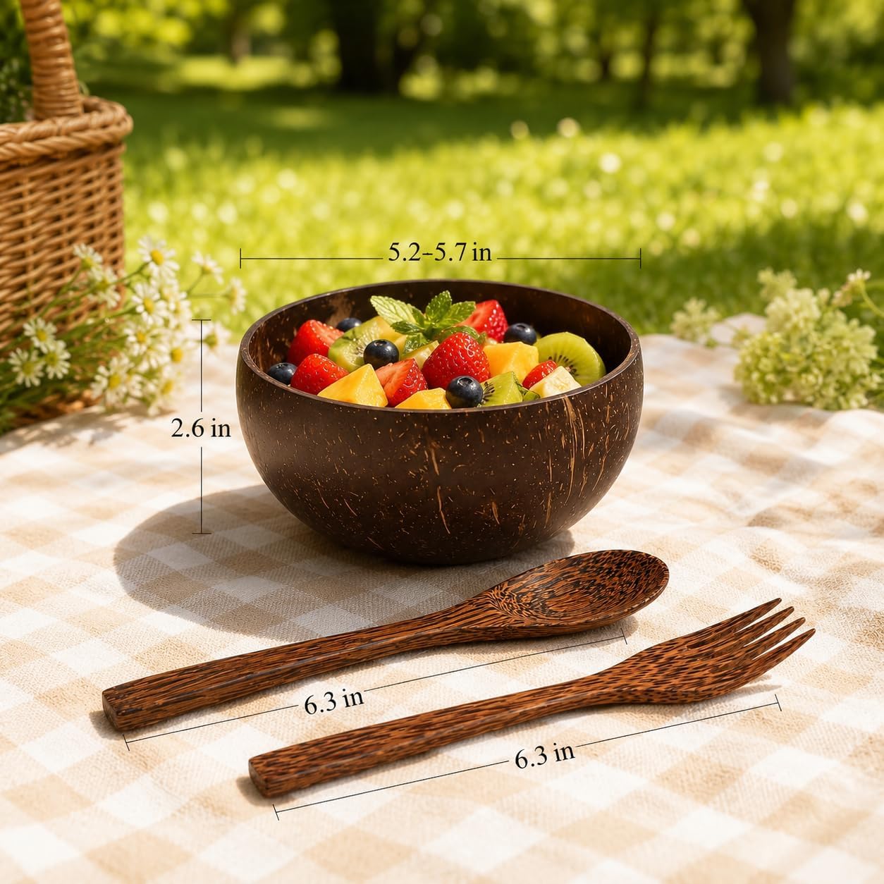 3PCS Coconut Bowl Set with Wooden Spoon and Fork, Smoothie Bowl Use, Sustainable Dining, Home Decor and Storage