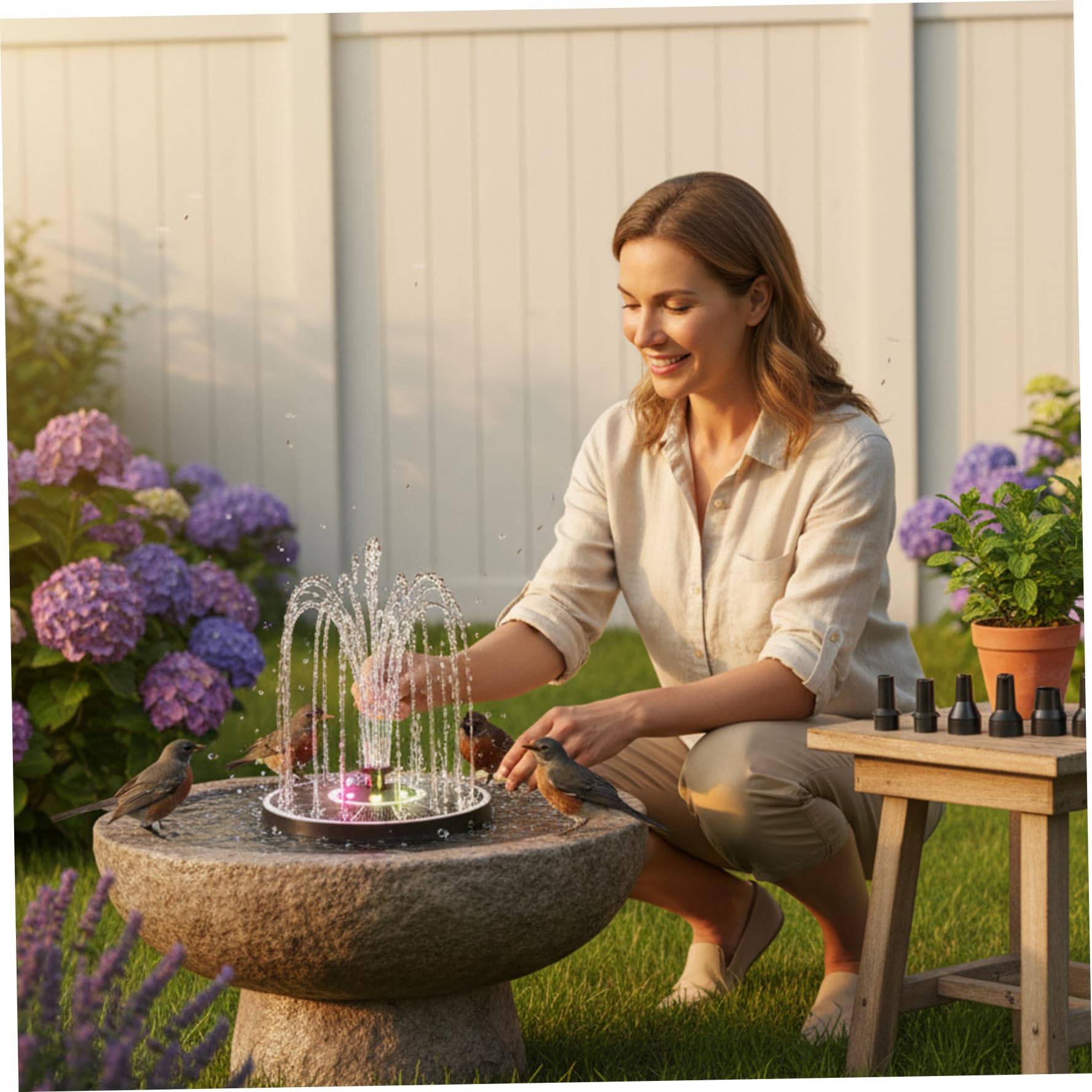 Fontana ad energia solare da 16 pollici con luci LED colorate Fontana galleggiante RGB con 6 ugelli spray per il bagno degli uccelli Decorazione da giardino all'aperto