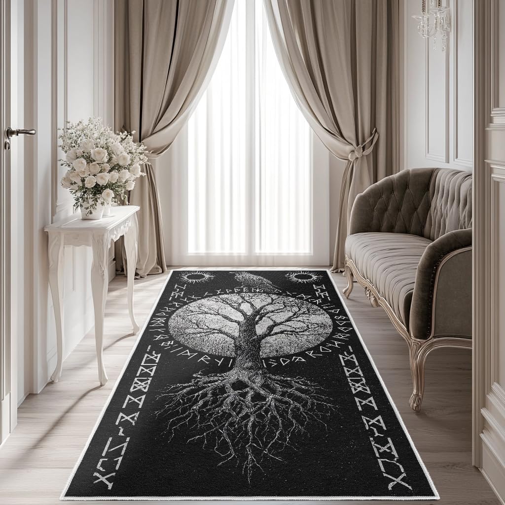 Generisch Wikinger Teppich Läufer 80x180, Nordische Mythologie Teppiche rutschfest Kurzflor Waschbar Bettumrandung Schlafzimmer, Baum des Lebens Teppichläufer für Küche Flur Eingangsbereich