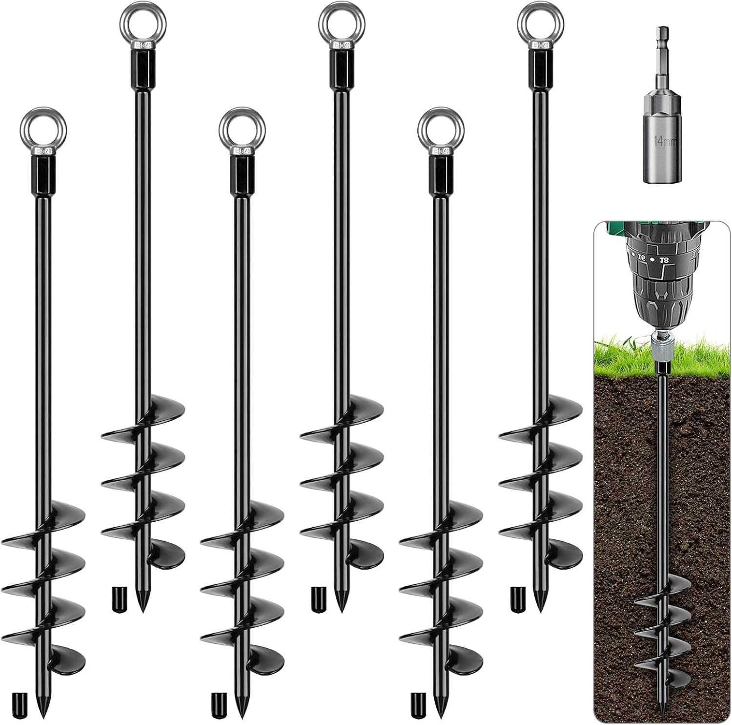 BeneLabel 6 Pcs 24" Heavy Duty Ground Anchor Screw in Swing Set Anchor 2.7" Dia Trampoline Anchors High Wind Shed Anchors for Mobile Home, Camping Tent, Swingset, Canopy, RV Awning, Black