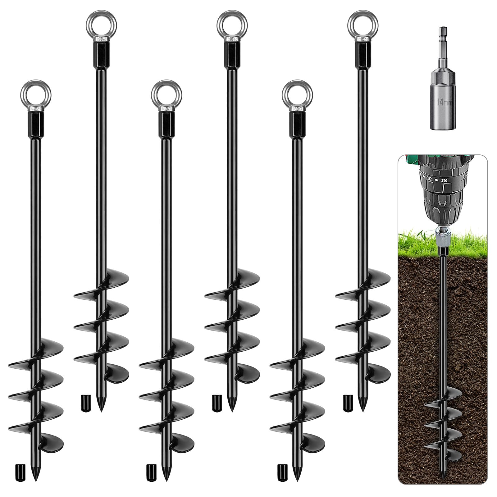 BeneLabel Kołek do namiotu, wytrzymały, 61 cm, śruba kotwiąca do ziemi, trampolina, kołek do trampoliny, 6 szt., metalowy piasek, spirala wiatrowa, do huśtawki, kempingu, szopy, psa, wiatru