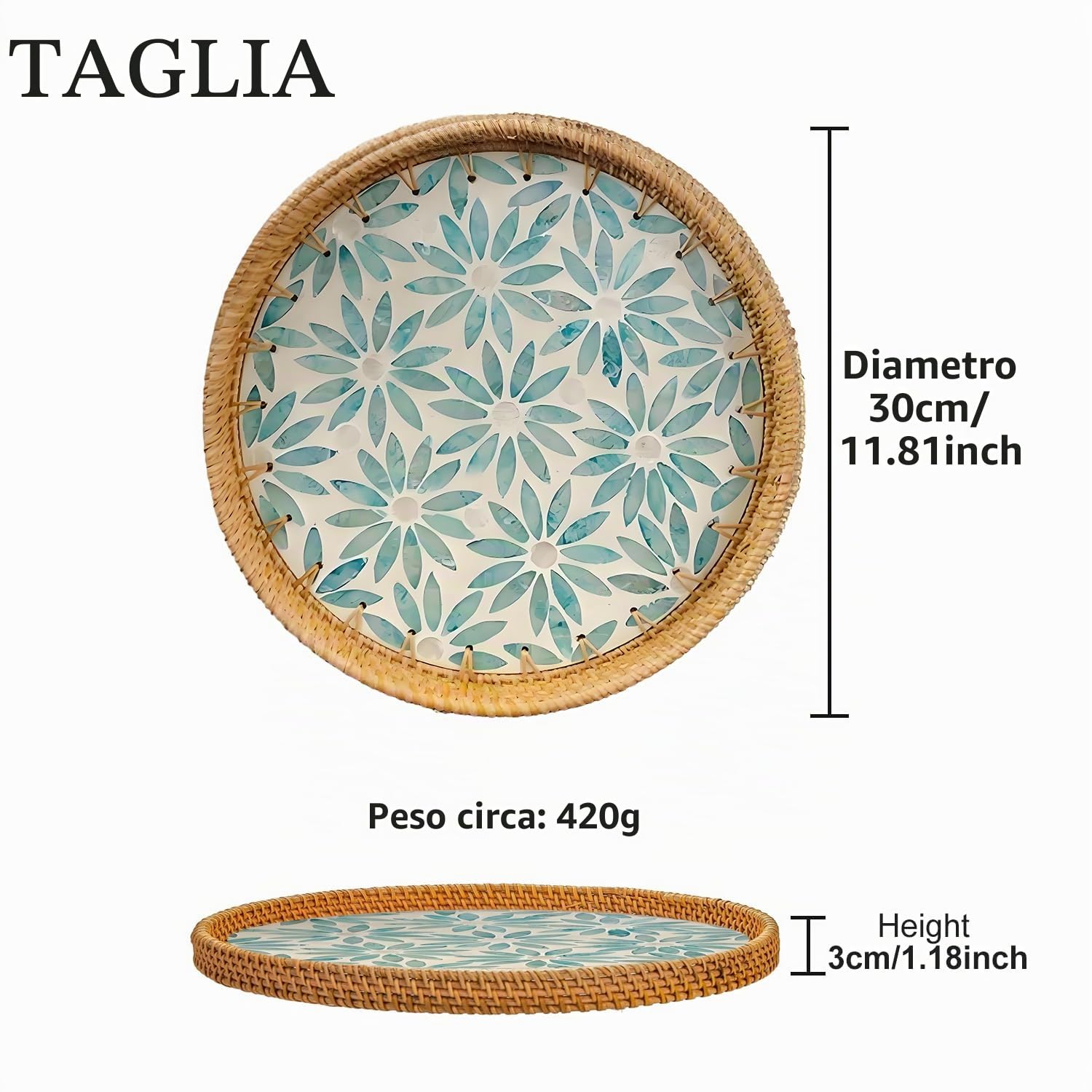 Vassoio Rotondo In Rattan Intrecciato A Mano, Decorativo Bohémien, 30 Cm