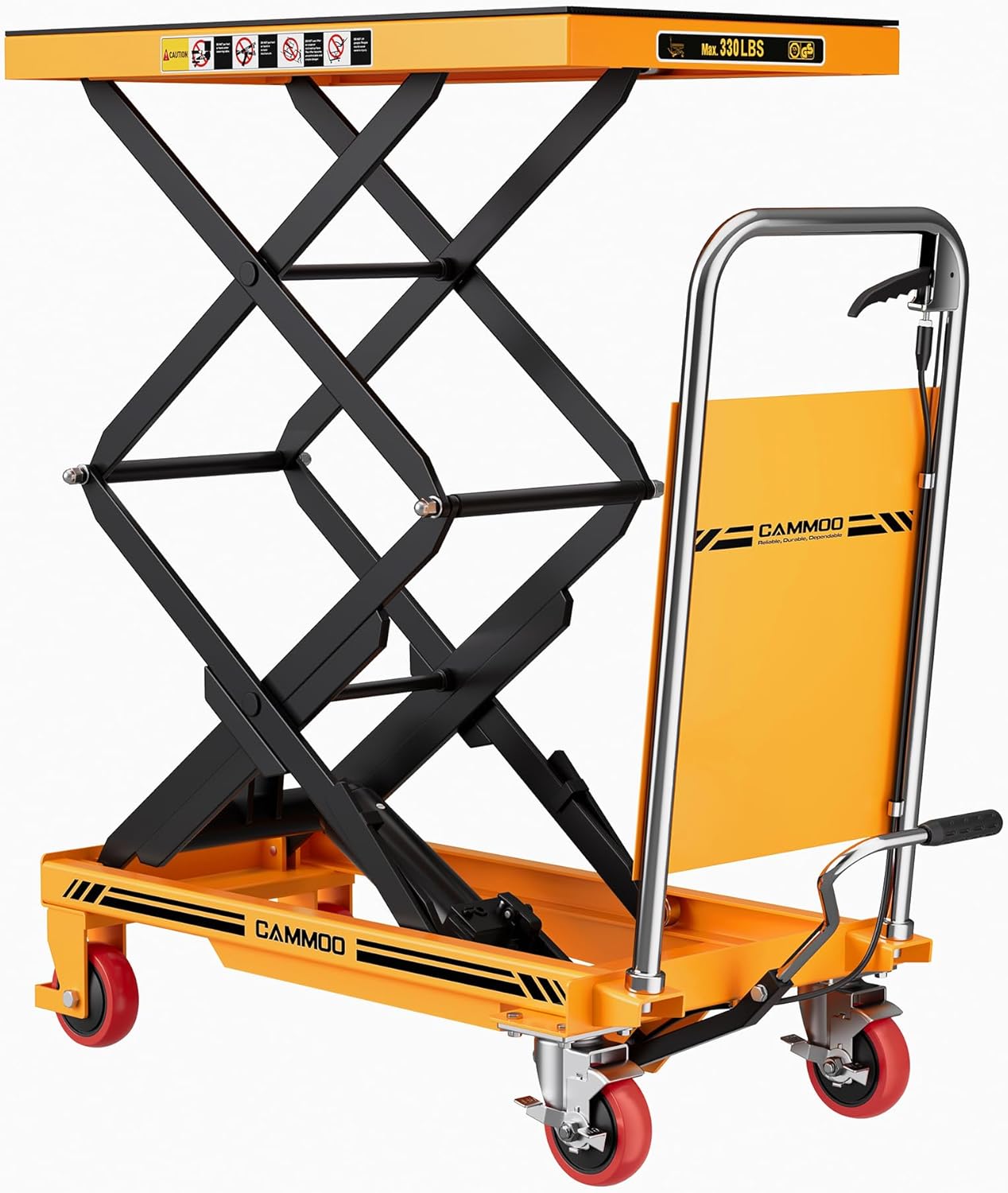 Hydraulic Lift Table Cart, 330lbs Capacity 49.6" Lifting Height, Double Scissor Lift Table with Non-Slip Pad & Safety Guard for Material Handling & Transportation, Yellow