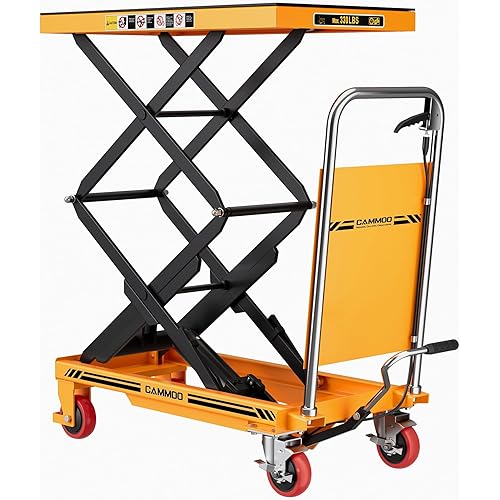 Hydraulic Lift Table Cart, 330lbs Capacity 49.6" Lifting Height, Double Scissor Lift Table with Non-Slip Pad & Safety Guard for Material Handling & Transportation, Yellow