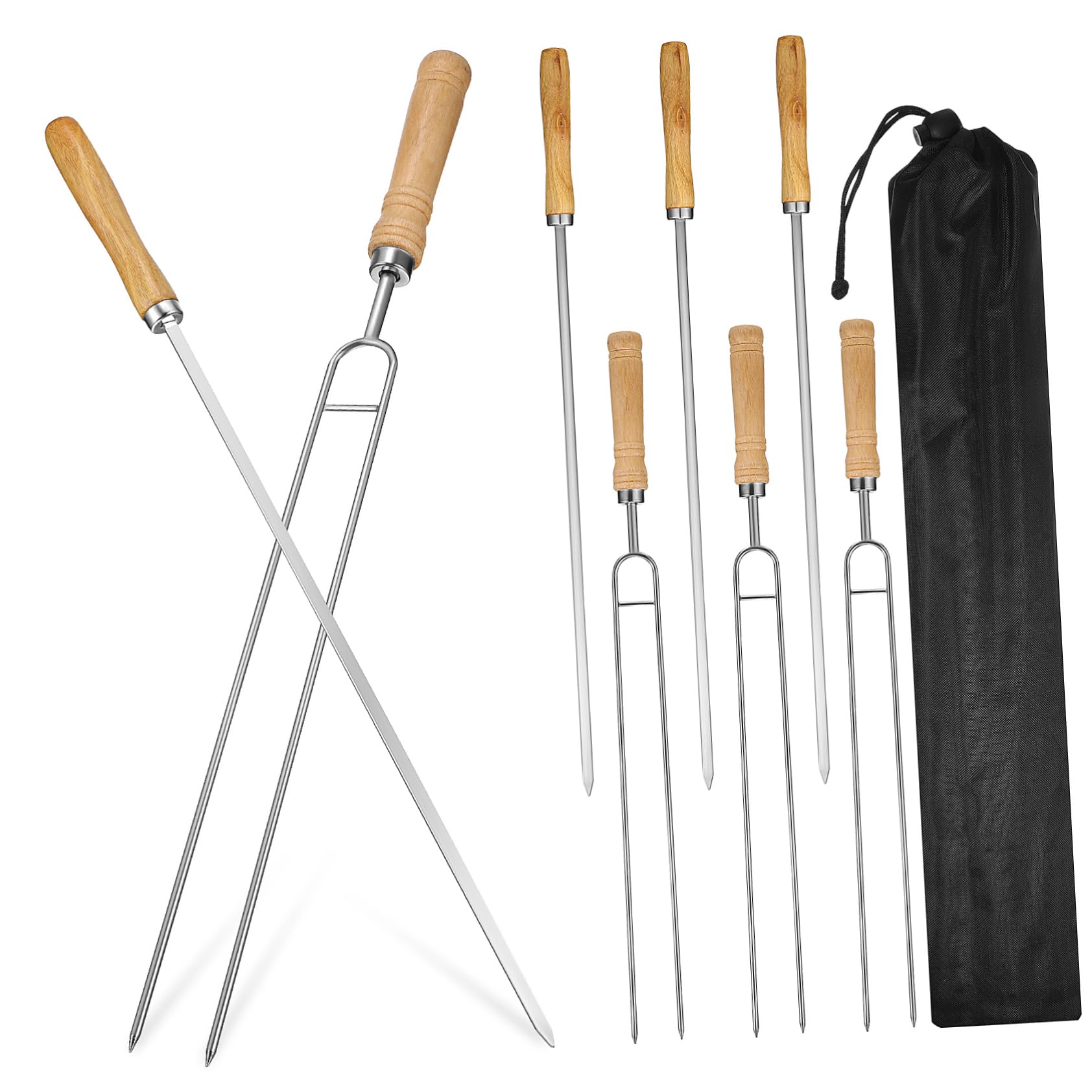 TOYANDONA 8piezas Brochetas Para Barbacoa y Kebab Mango De Madera Acero Inoxidable Bolsa Para Asar y Servir