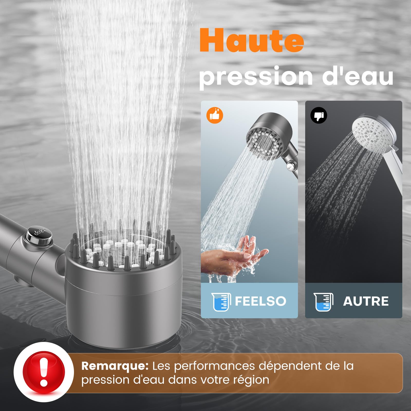 FEELSO Pommeau de Douche Anti Calcaire avec Filtre 15 Couches, 3+1 Jets Haute Pression, Stop Eau, Économie d'Eau (Gris)