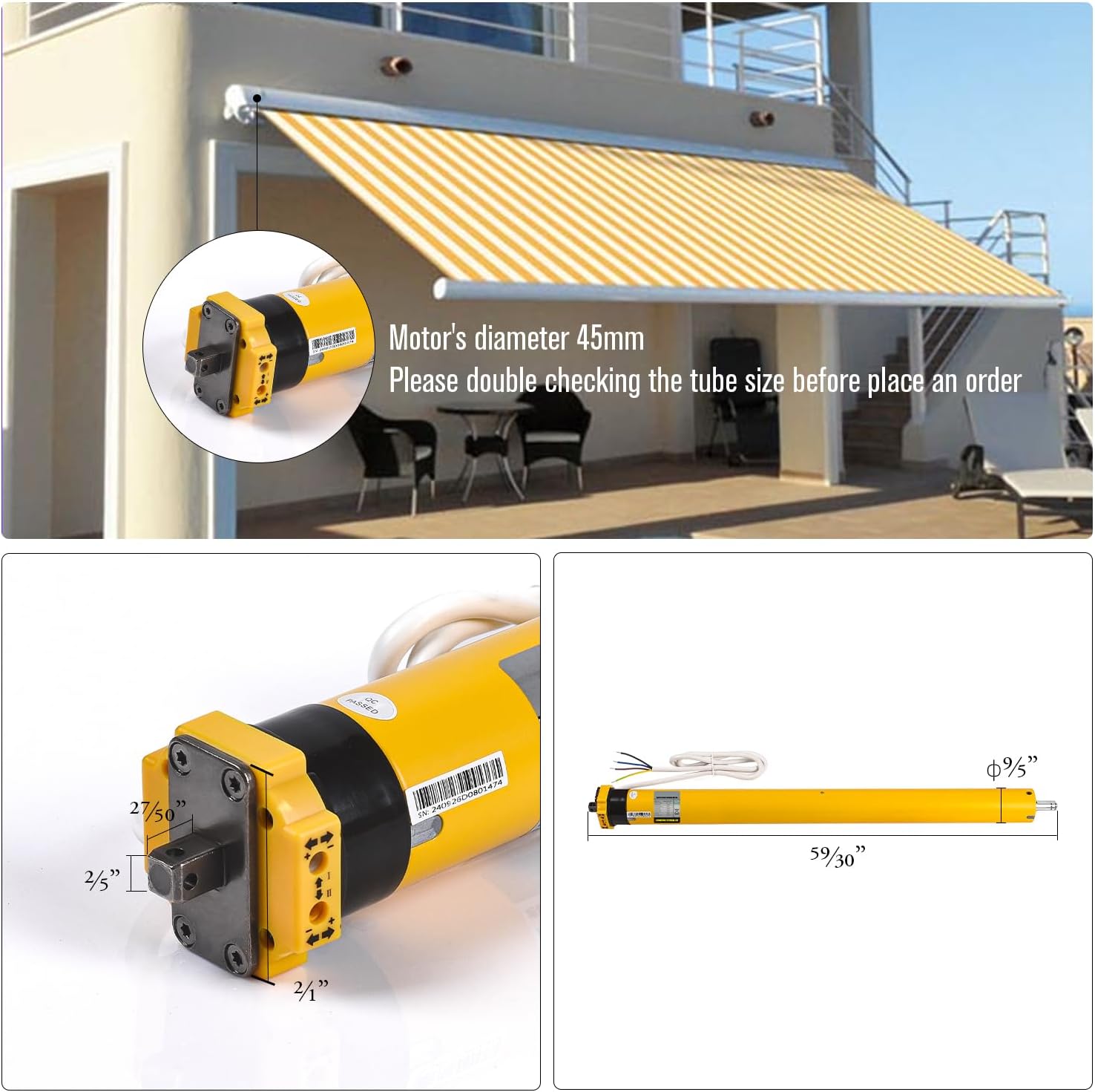 Motor diameter measurement and awning installation example.