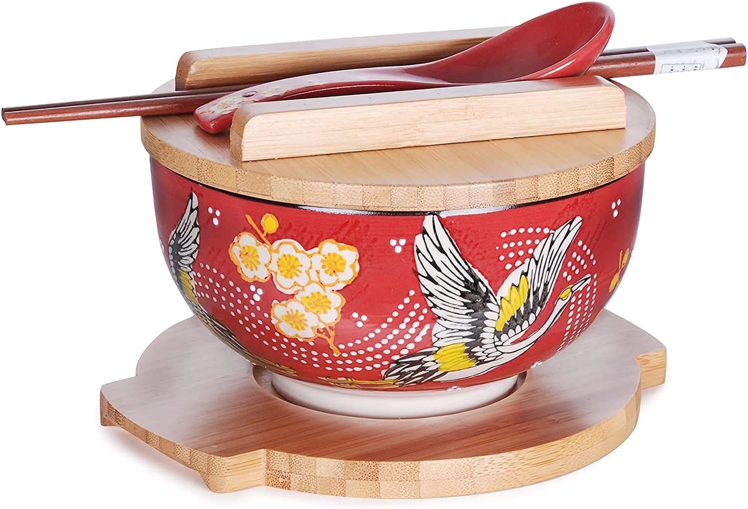 Happy Sales HSKM-CRNOR7, Japanese Kamameshi Vintage Style Rice Noodle Ramen Bowl with Bamboo Lid Trivet Chopsticks and Porcelain Spoon Bowl Set, Crane
