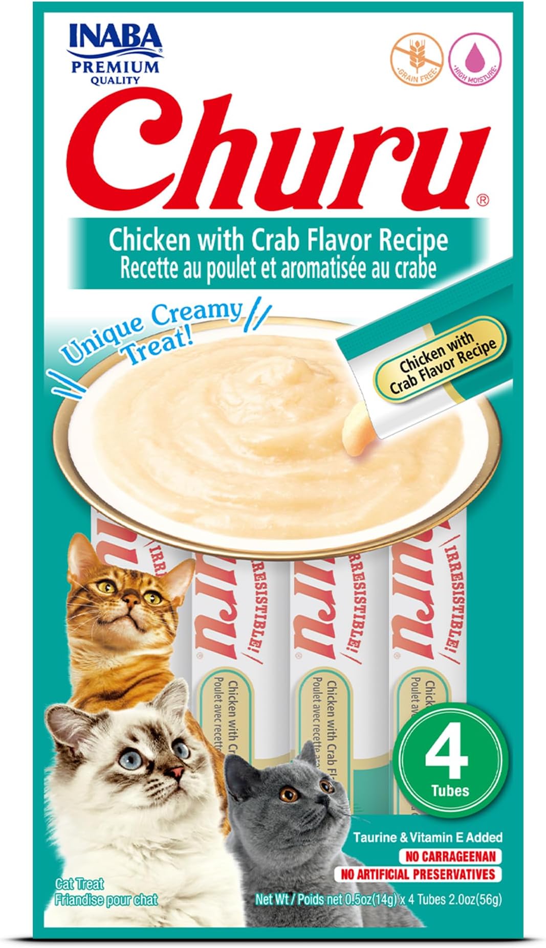 Churu Cat Treats, Grain-Free, Lickable, Squeezable Creamy Purée Cat Treat/Topper with Vitamin E & Taurine, 0.5 Ounces Each Tube, 4 Tubes, Chicken with Crab Recipe