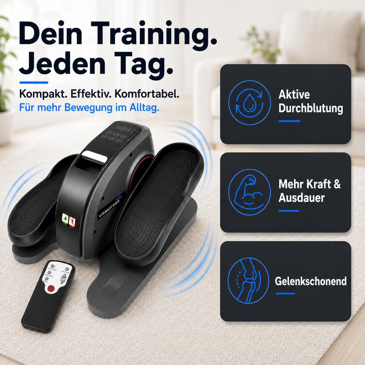 @tec Vita&Cross Motorisierter Pedaltrainer, Mini Ellipsentrainer | Gelenkschonender Beintrainer im Sitzen – 10 Stufen, 3 Programme, mit Fernbedienung, für Senioren, Büro & Zuhause