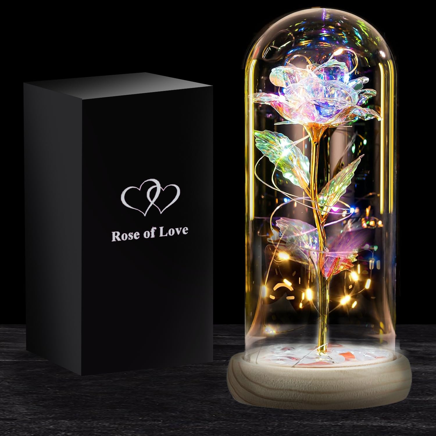 Rosa Eterna con Led | Regalo Romántico para Mujer | Flor Artificial La Bella y la Bestia | con Leds, Campana de Cristal, Caja de Regalo | Día de San Valentín, de la Madre, Boda | OriginalCorner®