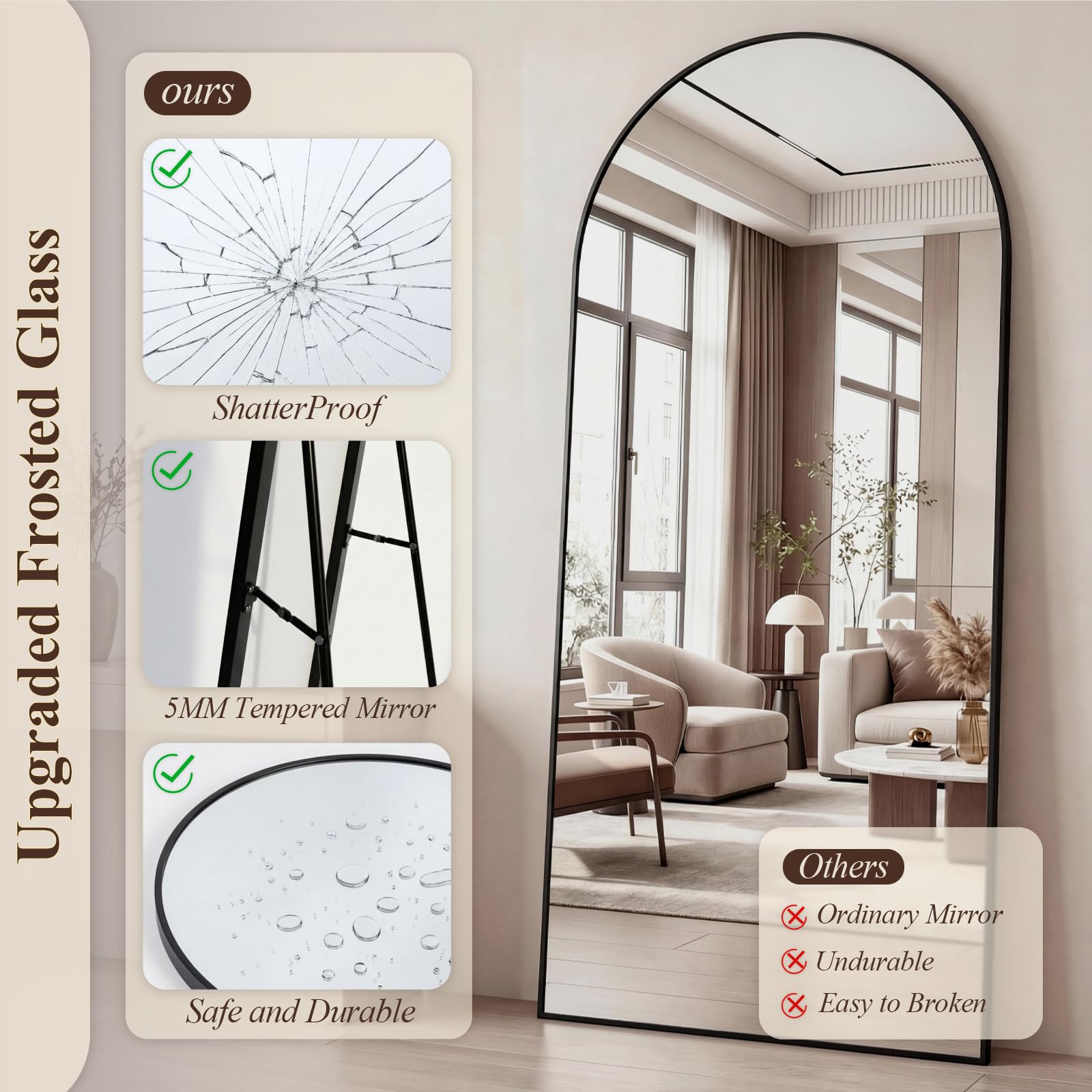 180 x 75 cm Espejo de Cuerpo Entero, Cristal Templado, Espejo Arqueado con Soporte, Marco de Aleación de Aluminio, para Dormitorio, Salón, Vestuario