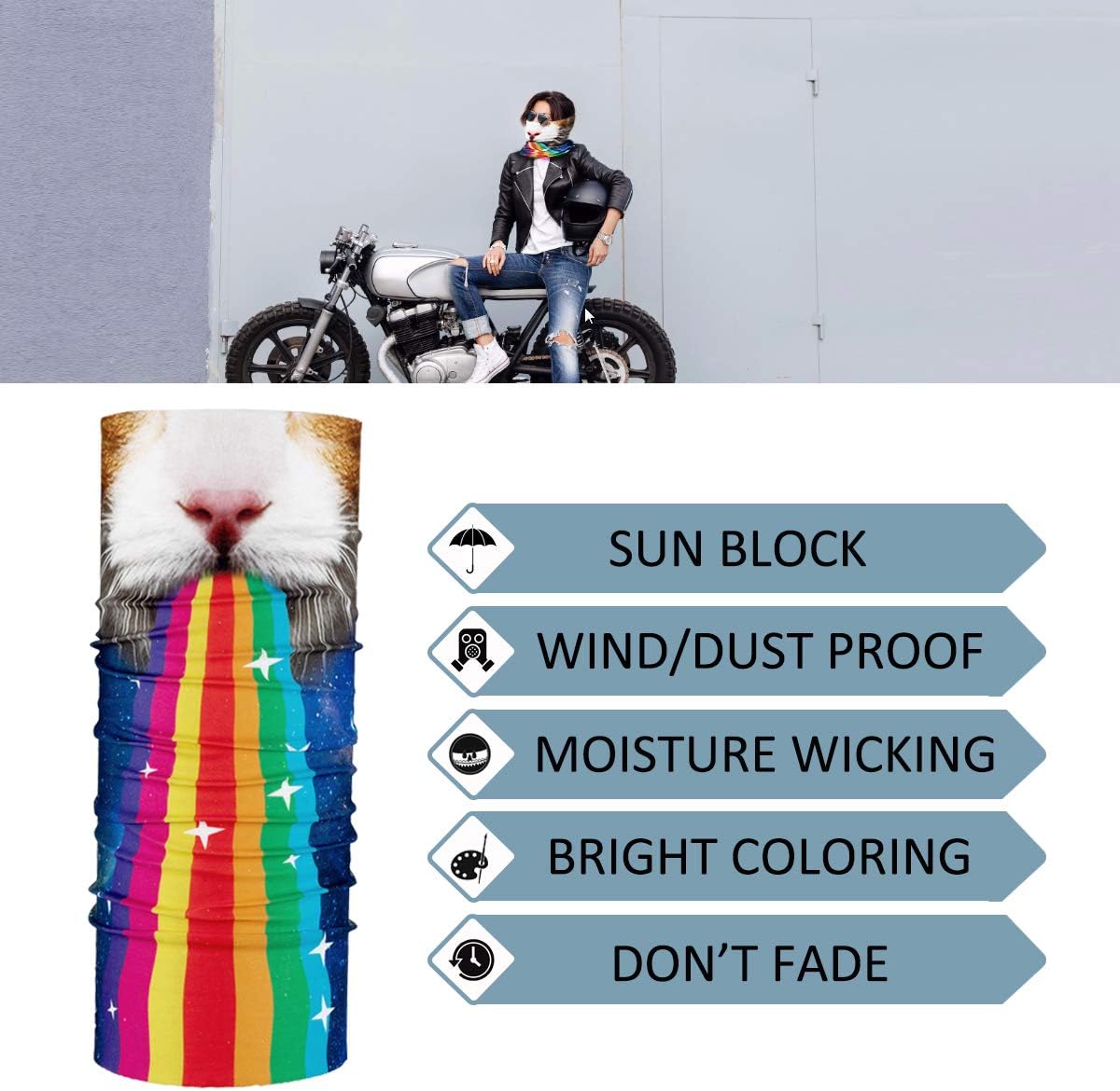 PAMASE 3 Pcs Rainbow Cat Face Mask, Seamless Microfiber Sun UV Dust Wind Protection Face Neck Gaiter Headwear for Men Women Motorcycle Hiking Cycling Ski Snowboard Fishing Running Workout
