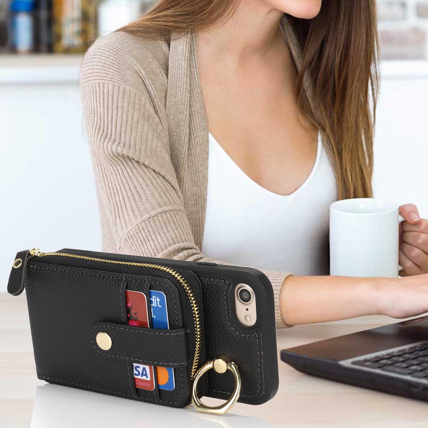 SailorTech Custodia per telefono per iPhone 7/8/SE2/SE3 Supporto ad anello con cerniera per carta di credito, iPhone SE 2020/SE 2022 Custodia in pelle Portafoglio con portacarte per donne-Nero