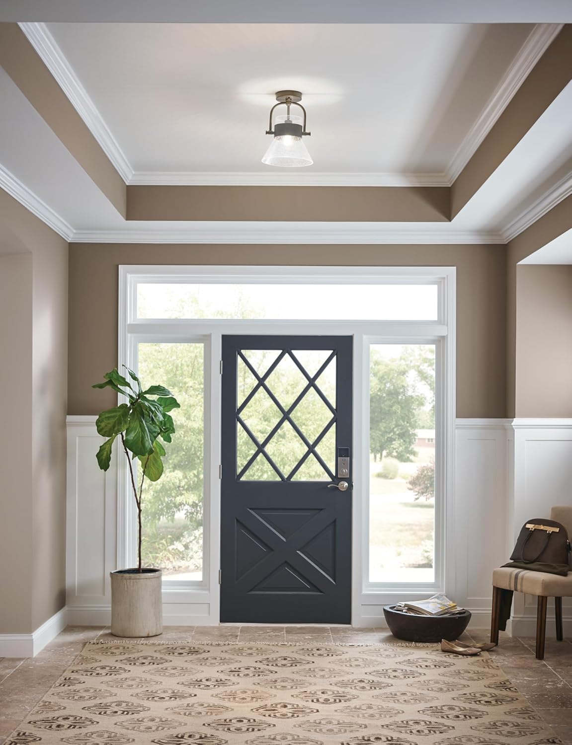 Kichler Aldean 1-Light Semi Flush Mount Ceiling Light in an Olde Bronze Finish with Clear Seeded Glass Shade for Living Areas Halls and Bedrooms, 38224