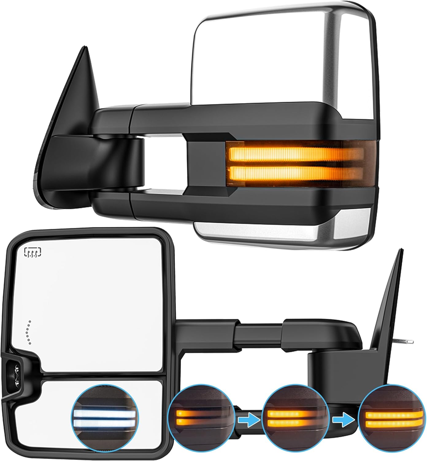 Swicthback Signal Tow Mirrors Compatible with 2003-2006 Silverado Sierra(07 classic)1500 2500 3500, SEQ&Backup Light Heated Extended Trailer Towing Side Mirror, Smoked Lens/Chrome Housing