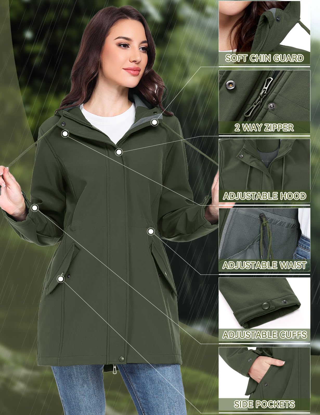 CMTOP Chaqueta Impermeable Mujer Abrigo Ligera Impermeable Chubasquero Cálida con Forro para Exterior Softshelljakce de Moda con Capucha Parka Cortavientos para Otoño e Invierno