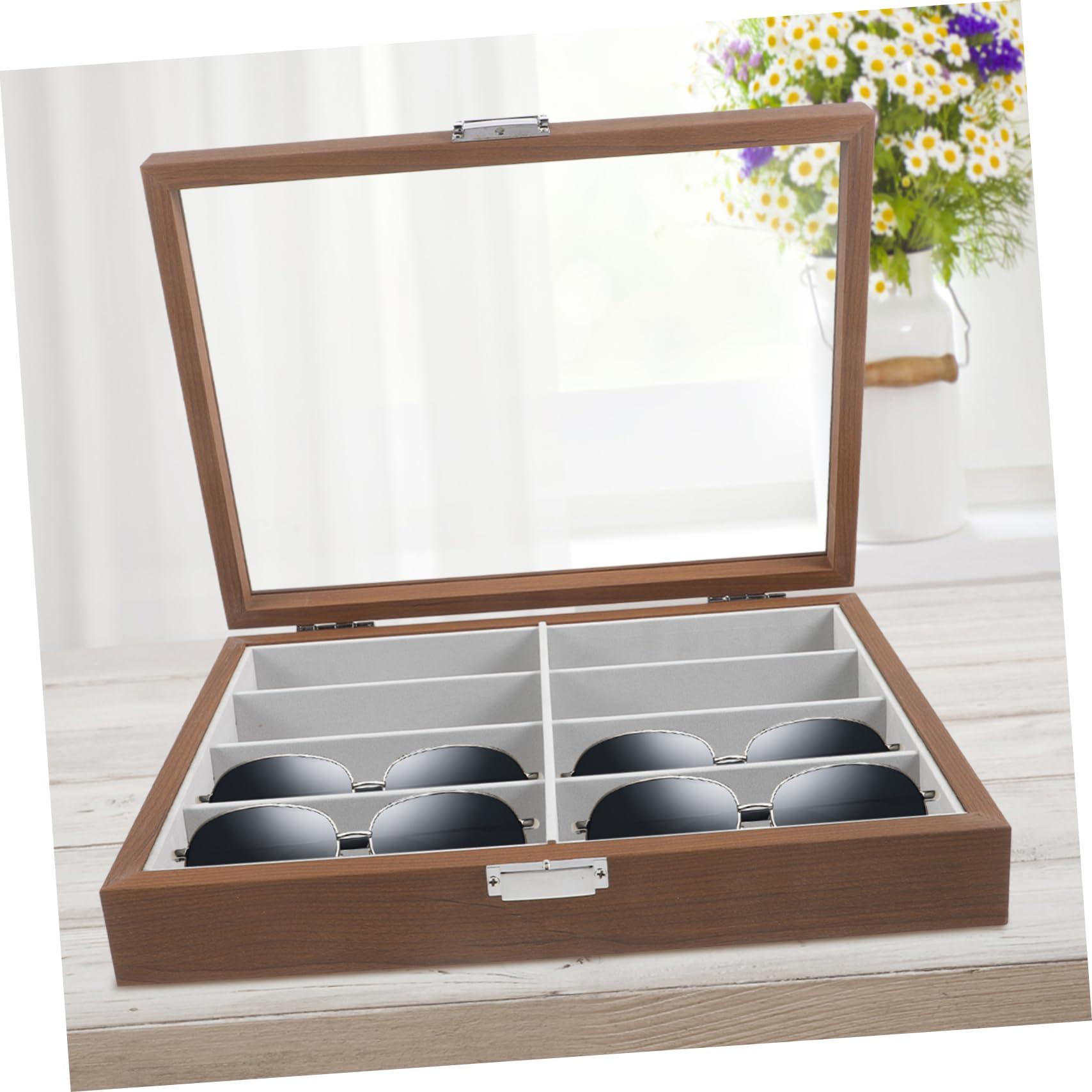STOBAZA Sonnenbrillen-aufbewahrungsbehälter Brillenbox Aus Holz Mit Vitrine Brillen-organizer Mit 8 Fächern Kratzfrei Vielseitig Einsetzbar Dekoration Für Zuhause Und Geschäft