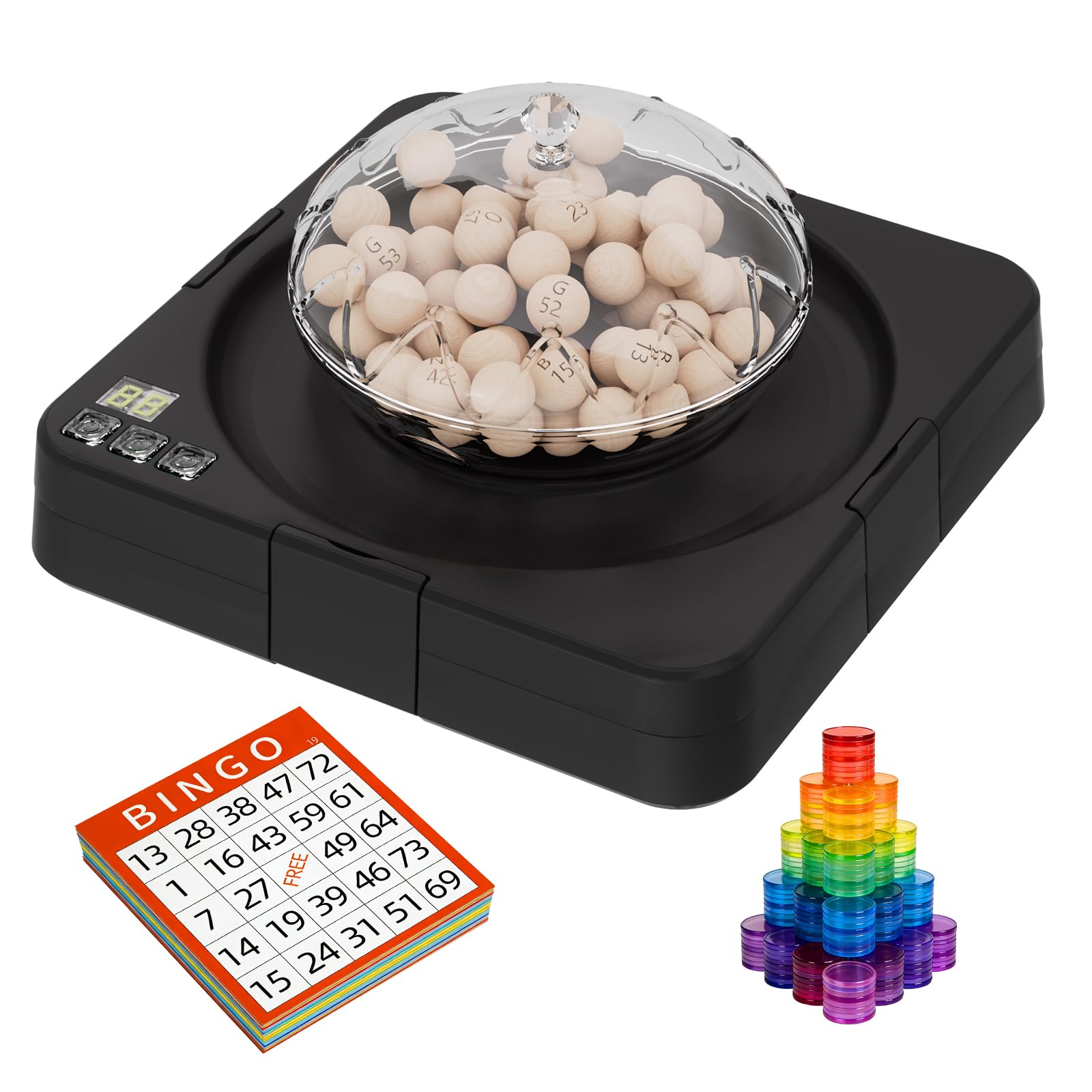 Photo 1 of Jownupp Bingo Cage and Balls Set, Automatic Bingo Machine, 75 Bingo Balls, 50 Bingo Cards, 100 Translucent Bingo Chips and Master Board for Large Groups