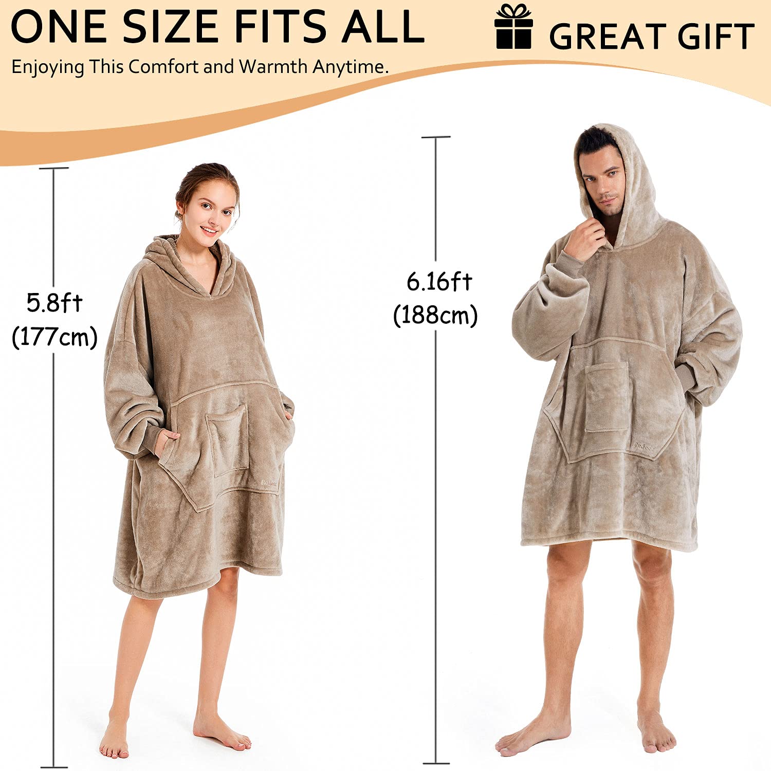 Blanket Hoodie Sweatshirt, Wearable Blanket Oversized Sherpa with Sleeves and Giant Pocket, Cozy Hoodie Warm for Adult Kids