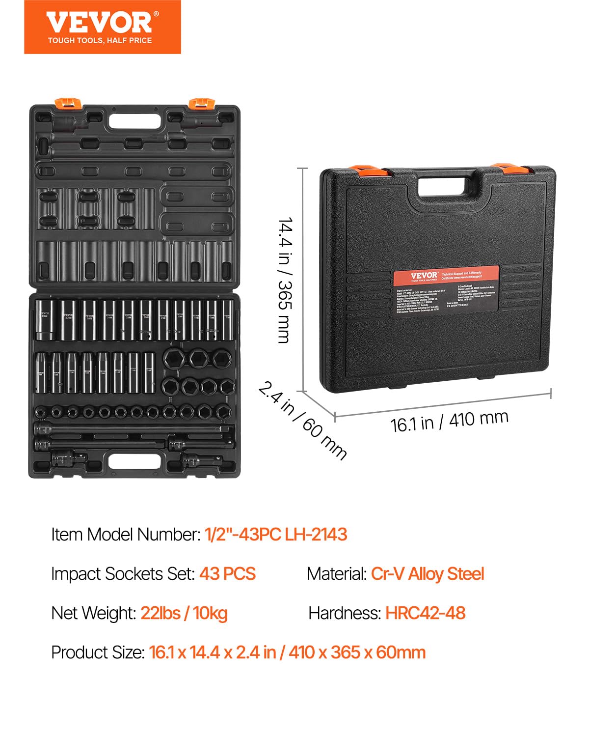 VEVOR Juego de vasos de impacto de 1/2", 43 piezas, vasos de impacto métricos estándar profundos de 9-30 mm, acero de aleación CR-V de 6 puntos, con barra de extensión y estuche de transporte