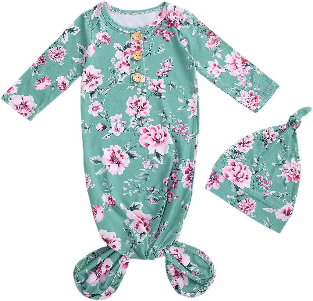 FIOMVA Newborn Baby Girl Boy Nightgowns Organic Cotton Gowns Knotted Sleeping Bag with Hat Coming Home Outfit for Unisex Baby