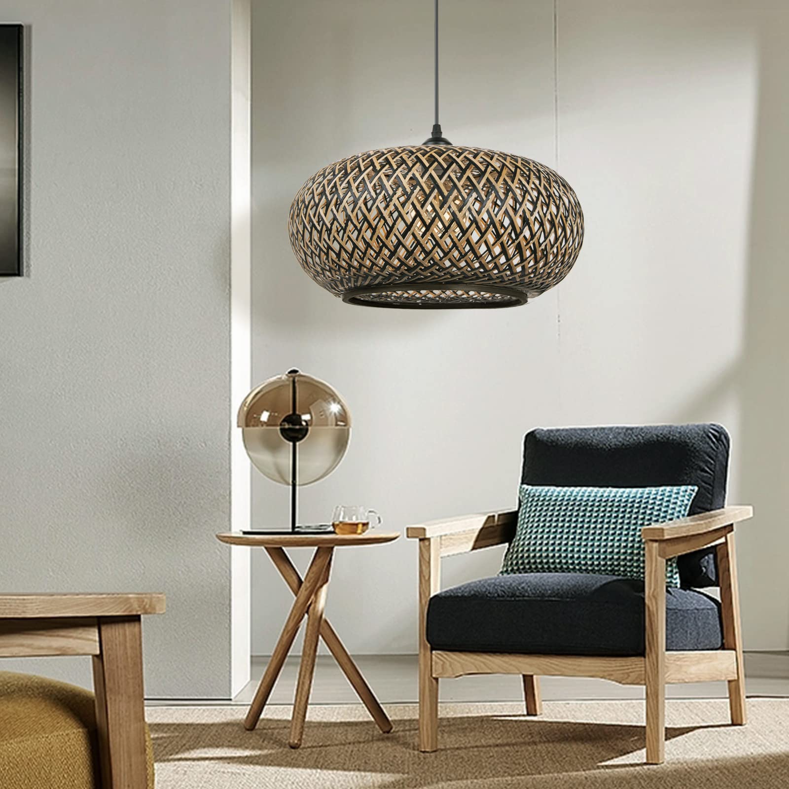 Arturesthome Bamboo Woven Pendant Light for Kitchen Island, Hand-Woven Black Shades Chandelier, Handmade Hanging Lights Crafts Lampshade