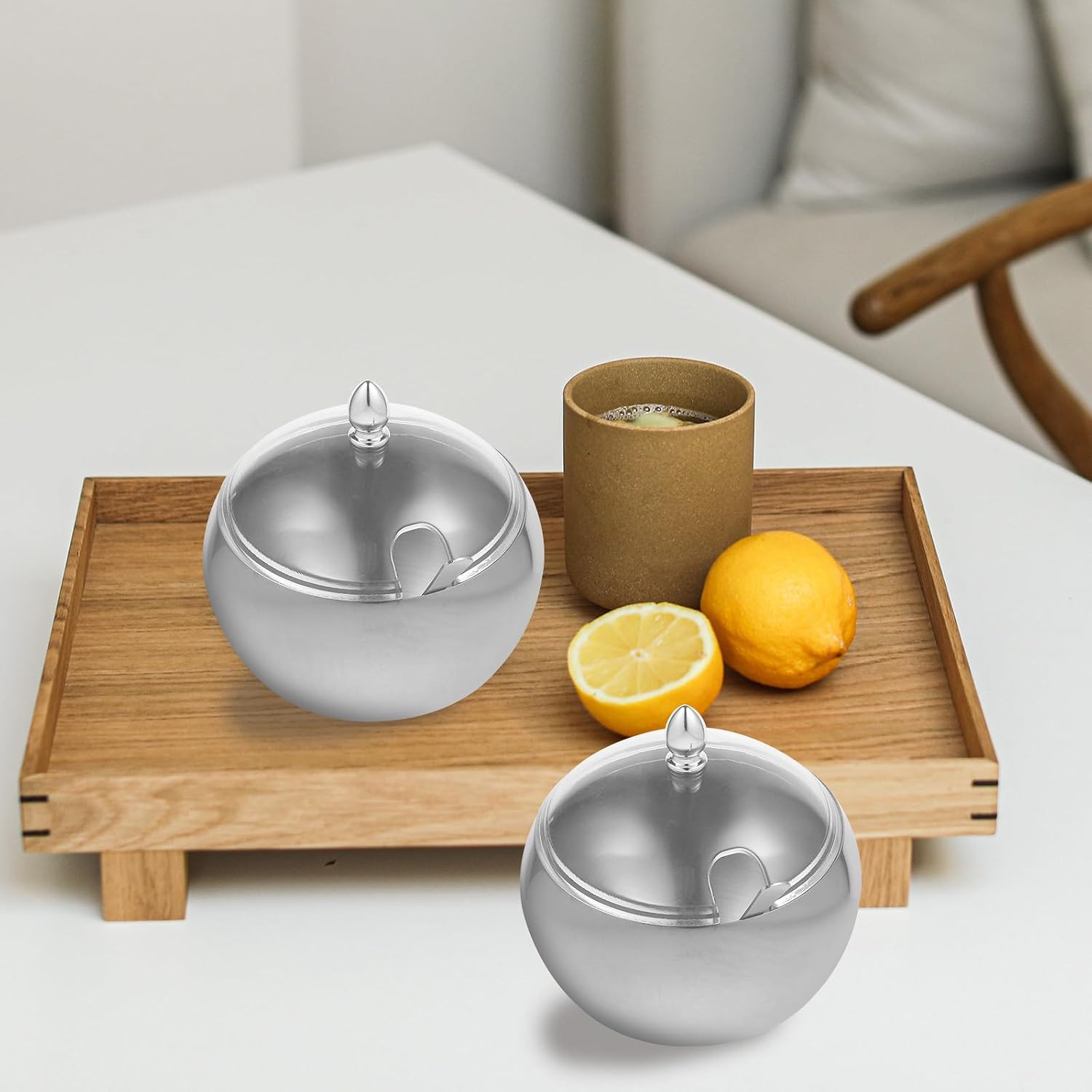 Stainless Steel Condiment Pot with Lid, Silver Seasoning Bowl