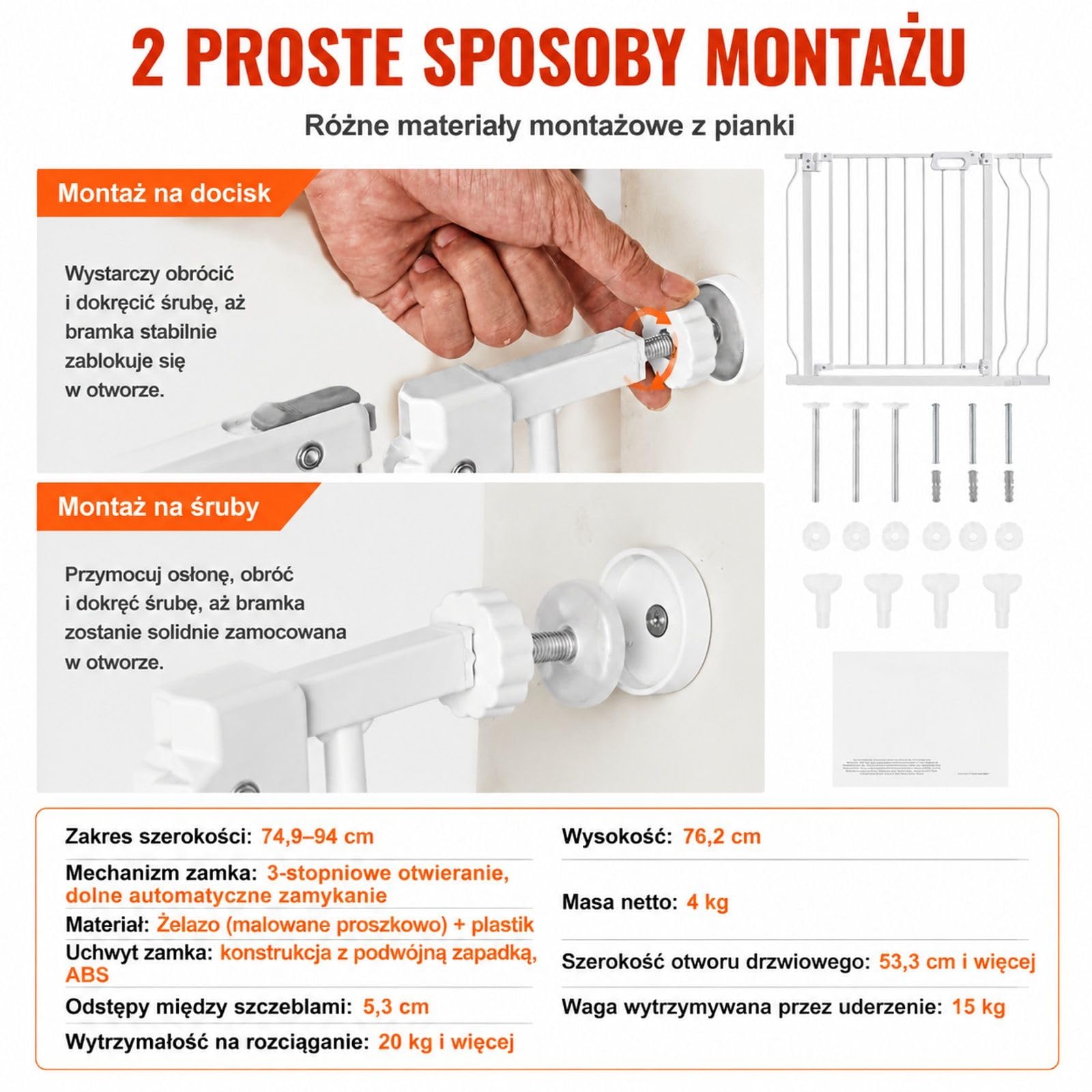 Biała bramka dla zwierząt z żelaza i tworzywa sztucznego, z dwustronnym otwieraniem, do montażu bez wiercenia w drzwiach i przy schodach