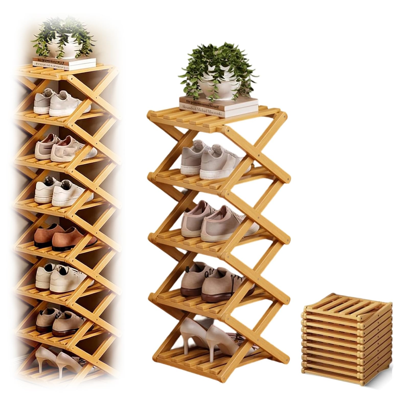 Étagère chaussures pliable sans installation en bambou à 9 étages modulables