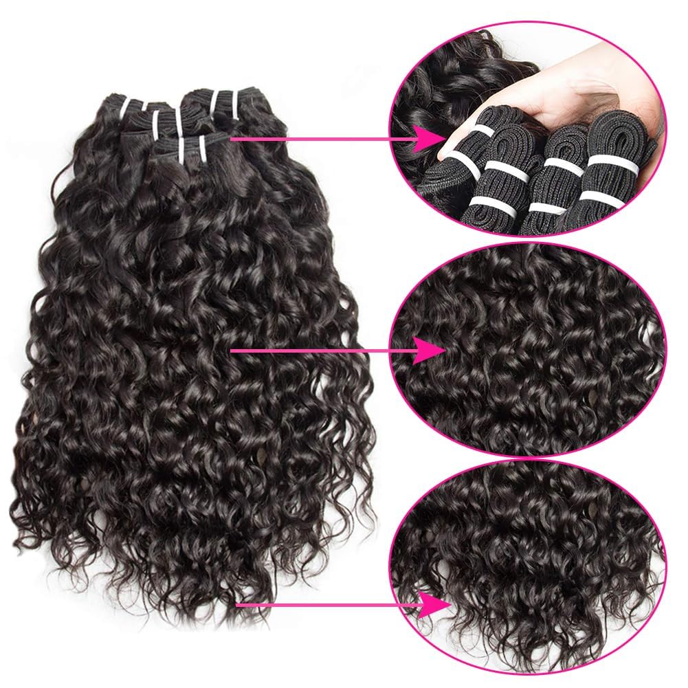 Water Wave 3 Bundles with Closure 100% Unprocessed Brazilian Water Curly Human Hair Weave with 4x4 Free Part Lace Closure Natural Color (12 14 16+10,Bundles with Closure)