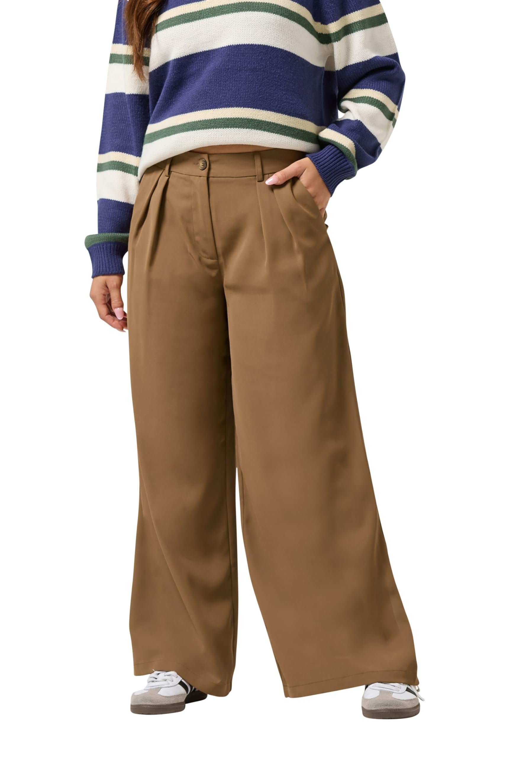 Pixiegirl Women's Brown Petite Pleated Formal Trousers Size Petite > 16