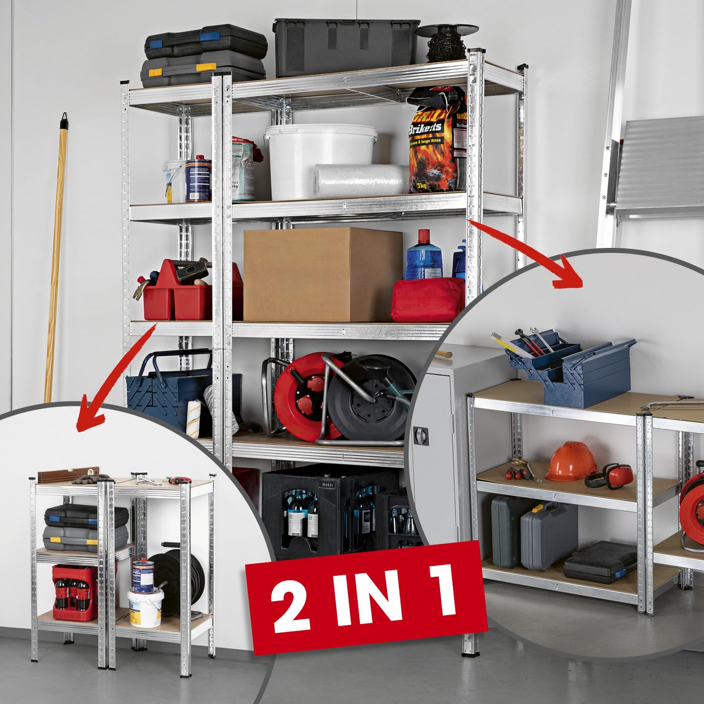 EASYmaxx Regał do dużych obciążeń, 2-częściowy zestaw | nośność 875 kg, 175 kg na poziom, regał i stół warsztatowy, regał do piwnicy, magazynu z 5 regulowanymi półkami, do piwnicy, garażu, warsztatu