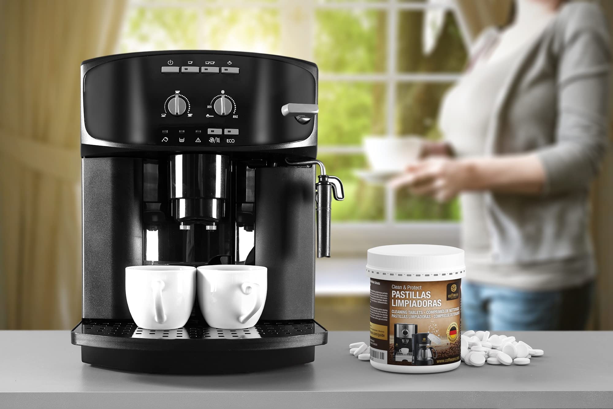 170 pastillas limpiadoras Coffeeano Clean&Protect para cafeteras automáticas y cafeteras. Pastillas limpiadoras aptas para todas las marcas y electrodomésticos. Incluye un libro electrónico