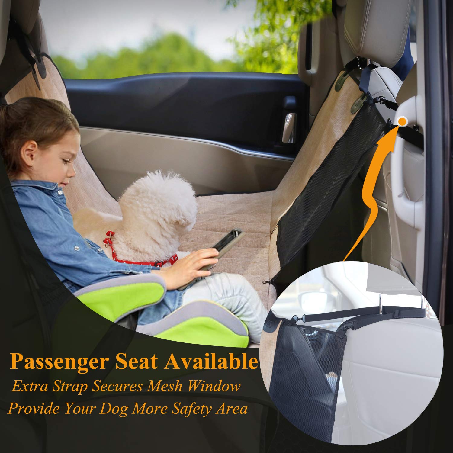 VIVAGLORY Dog Car Seat Covers, Hammock Seat Cover Mesh Visual Window with Extra Strap & Buckles, Waterproof & Nonslip Car Back Seat Cover Convert to Bench Seat Cover & Trunk Liner, Heather Khaki S - image 4
