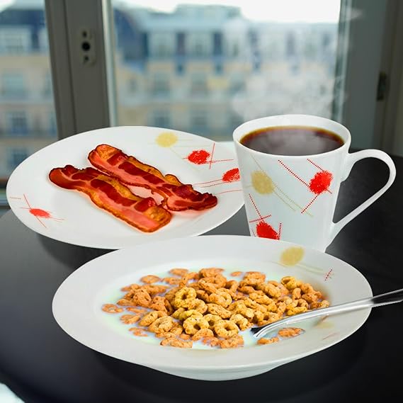 16 Piece Dinner Set - Cream & Red Patterns Dinnerware Set | 4 Bowls, 4 Side Plates, 4 Mugs, 4 Soup Plates | Kitchen Microwave & Dishwasher Safe | for Cereal, Desserts, Tea, Porcelain Cup, Gift