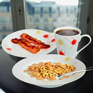 16 Piece Dinner Set - Cream & Red Patterns Dinnerware Set | 4 Bowls, 4 Side Plates, 4 Mugs, 4 Soup Plates | Kitchen Microwave & Dishwasher Safe | for Cereal, Desserts, Tea, Porcelain Cup, Gift
