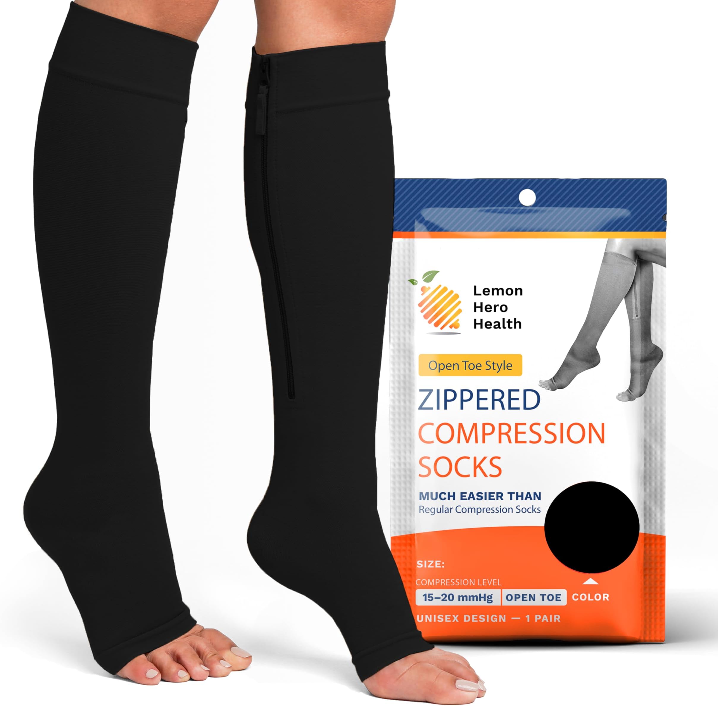 Lemon Hero Zipper Compression Socks 15-20 mmHg Open Toe, Medical Zip Up Compression Stockings for Women and Men - Improves Blood Circulation, Relieves Pain & Swelling