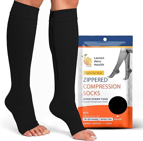 Lemon Hero Calcetines de compresión médicos con cremallera para mujer, con puntera abierta, 15-20 mmHg, calcetines de compresión de maternidad,