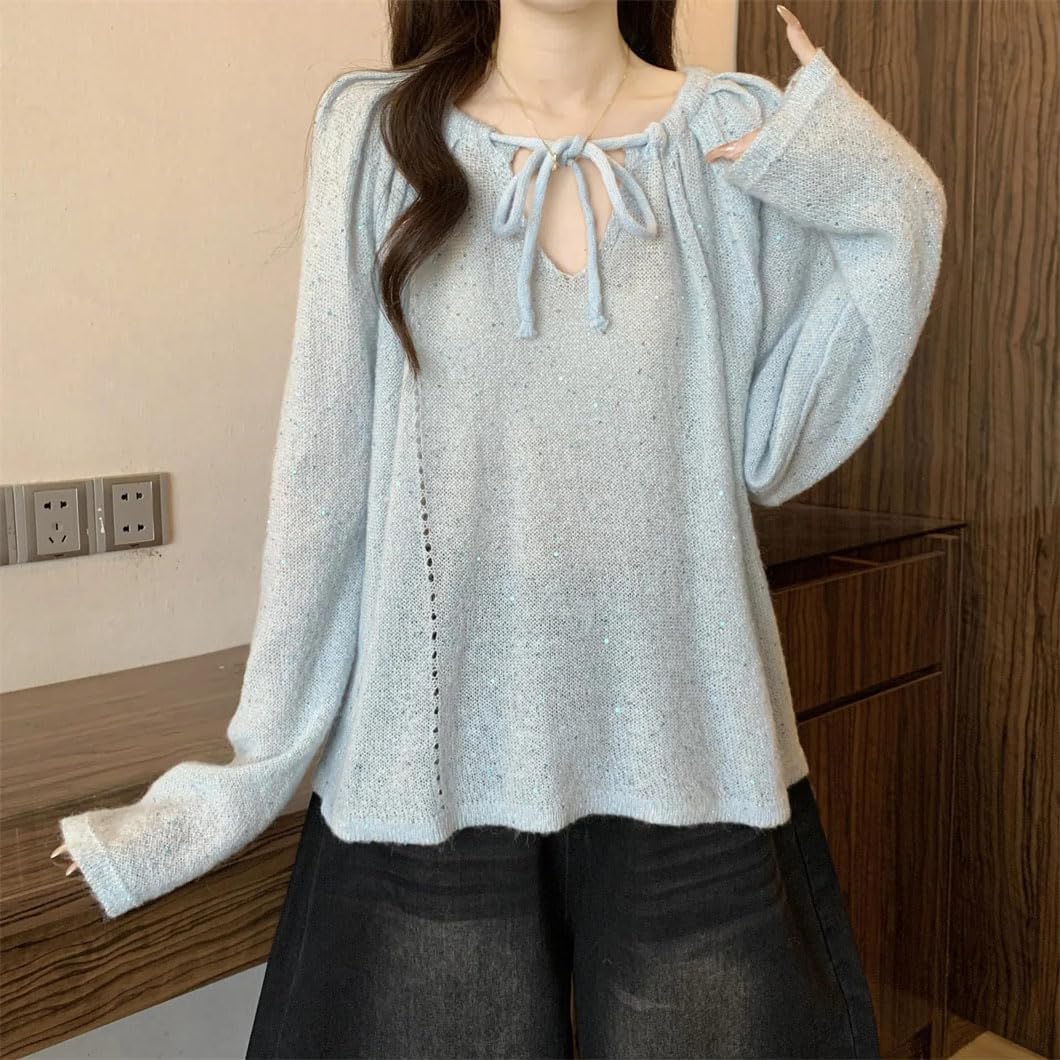 Women's Bow V-Neck Knitted Sweater Pullover Fall Long-Sleeved All-Macth Temperament Top