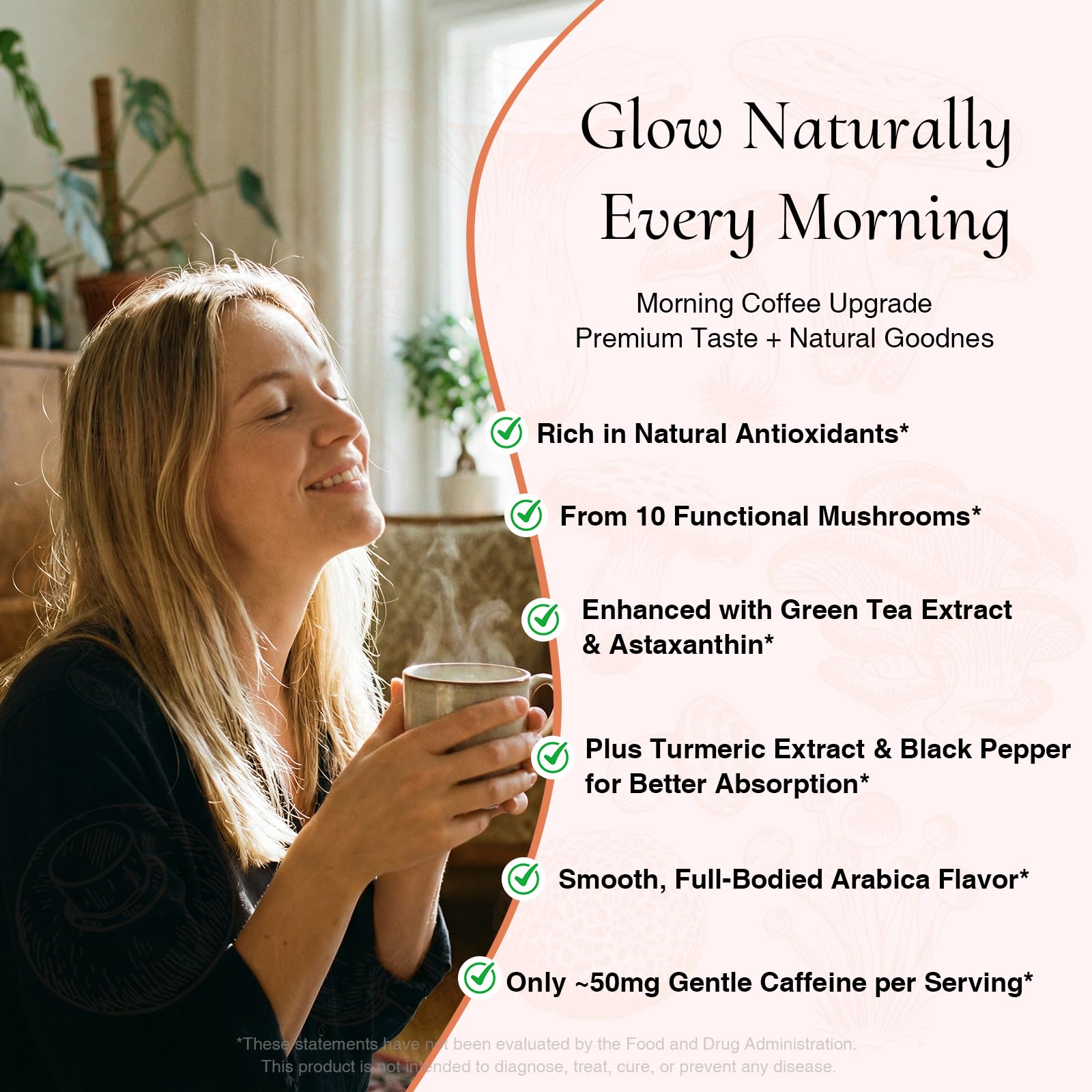 SUNDAFONE Youth Glowing Skin Mushroom Coffee | For Hydrated Youthful Skin & Antioxidant Support |10 Mushrooms + Turmeric, Green Tea Extract, Astaxanthin & Black Pepper; Instant Organic Mushroom Coffee