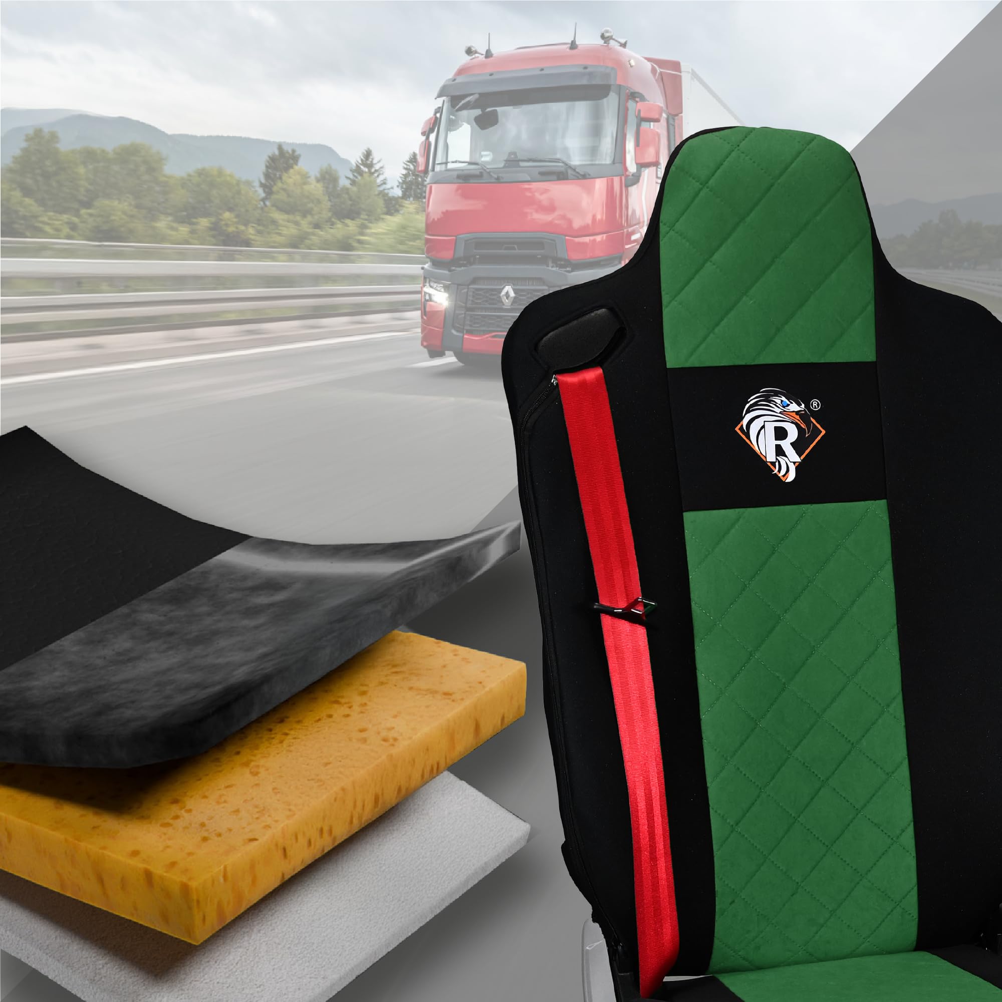 SABA Coprisedile per Gamma Renault T dal 2014, sedile conducente con poggiatesta, sedile passeggero, 2 cinture di sicurezza Verde Accessori di Protezione per Sedili di Camion