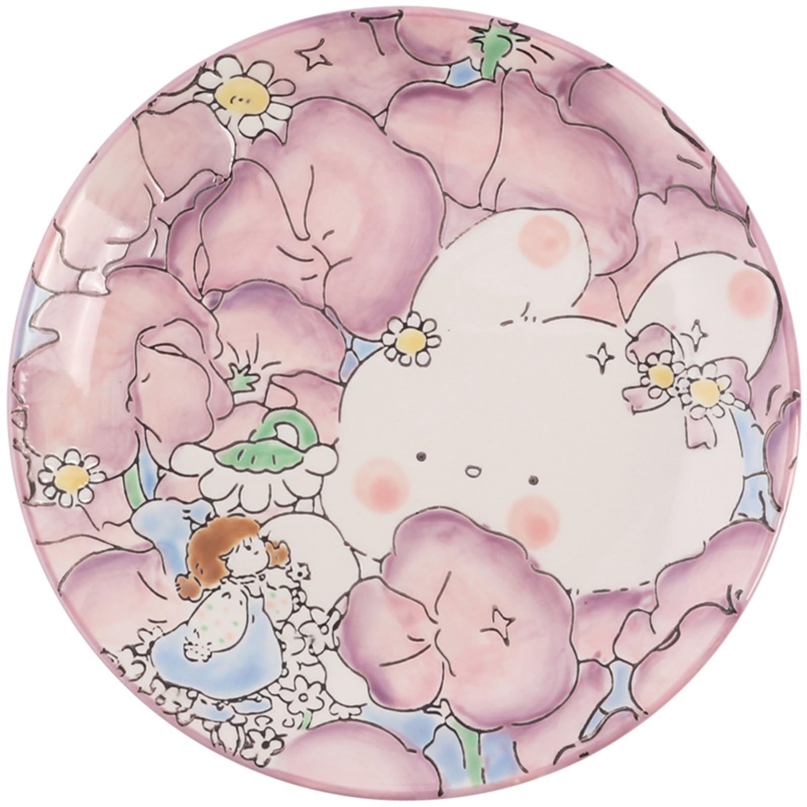 Heardbeli Hand-Painted Relief Cartoon Bunny and Purple Pink Floral Series Tableware Dinnerware Dishware Dessert Plate Dinner Plate Flat Round Plate, Gift Package (6.3inch dessert plate/saucer)