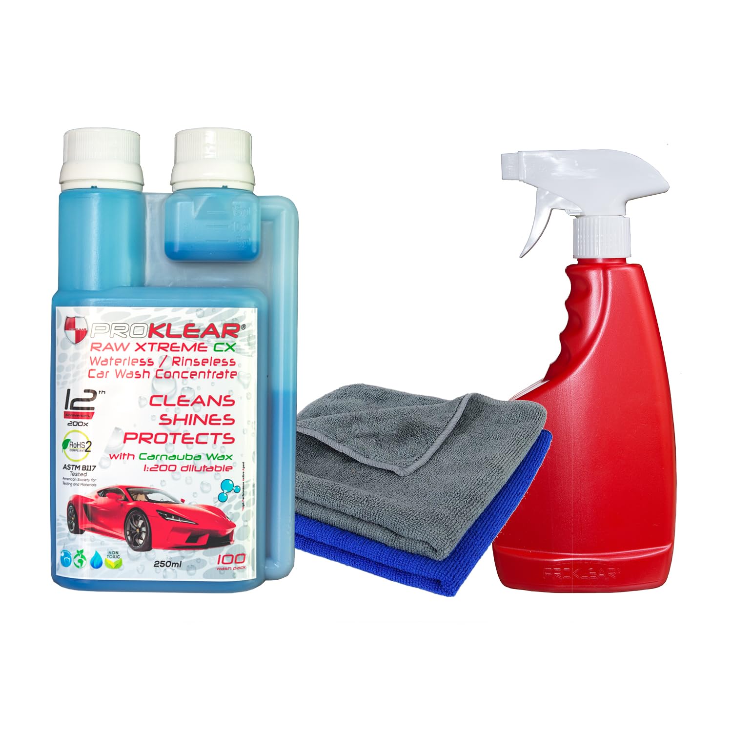 PROKLEAR Waterless Kit Concentrate Cleans 50 Cars with Microfiber dilutable 100 Times