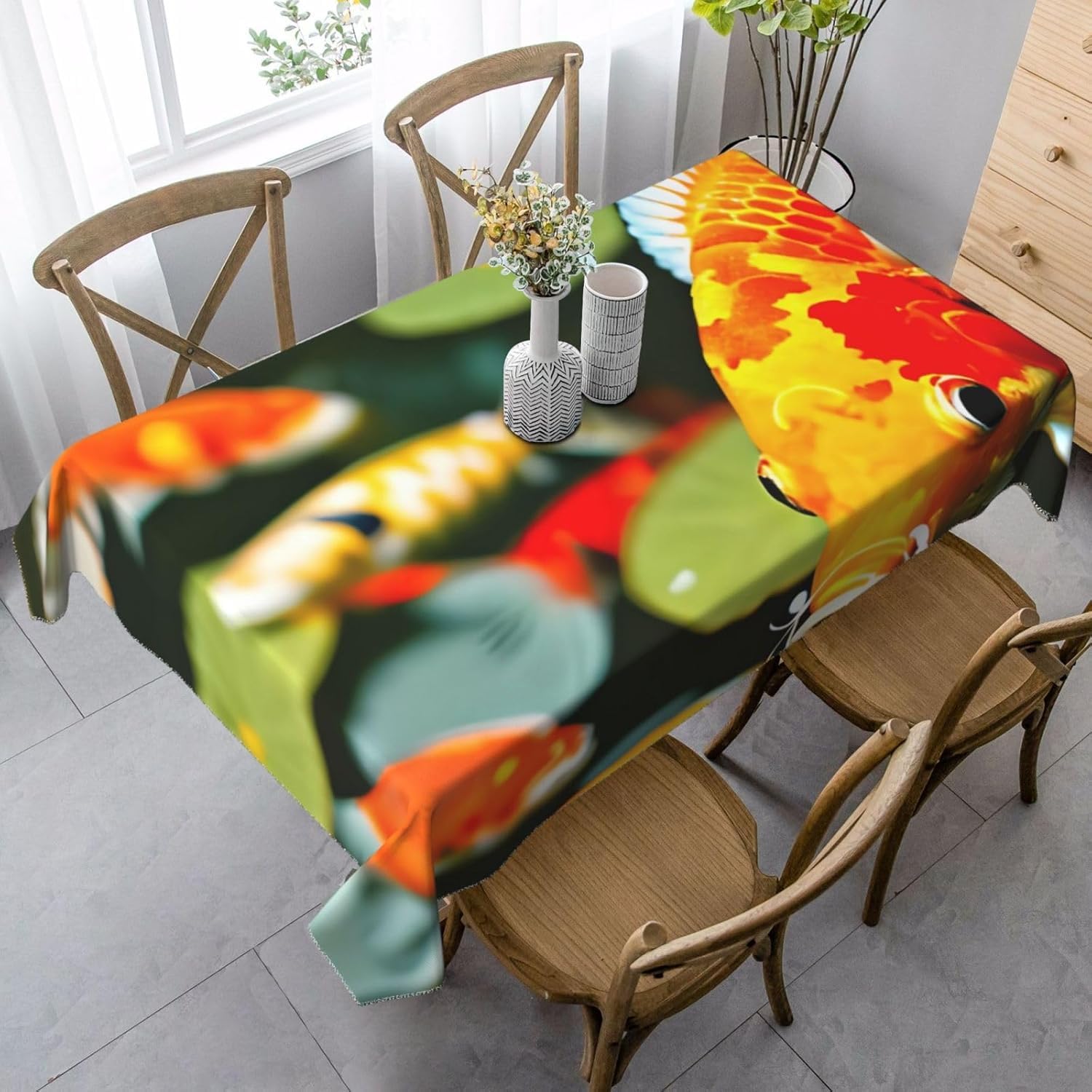 Tovaglia Antimacchia 300x140 cm Rettangolare Cinese Tovaglie Impermeabile 3 Metri Copritavolo Poliestere Protezione Tavolo Carpa Foglia di Loto, per Feste (12-14 Posti) a-278